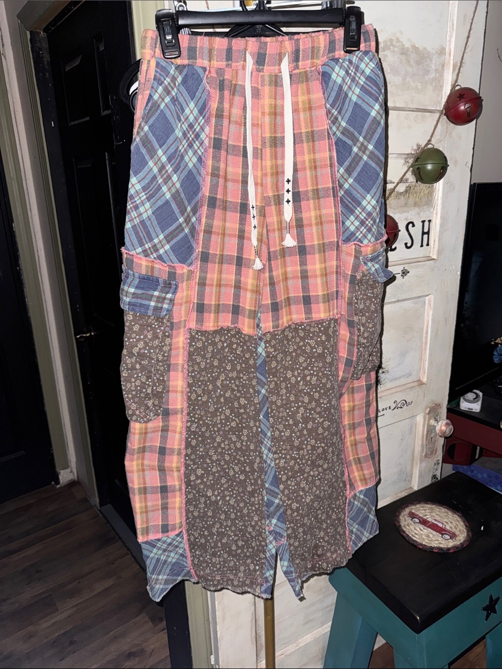 POL Patchwork pants in Pink, Blue and Brown Plaid